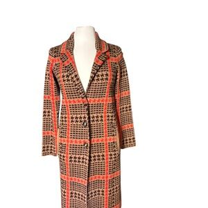Christian Siriano Houndstooth Red Tan Black Long Knit Sweater Cost Pockets XS